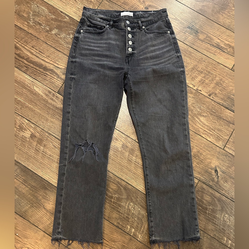 LOFT Black Straight-Leg Button-Fly Jeans with Distressed Knee
